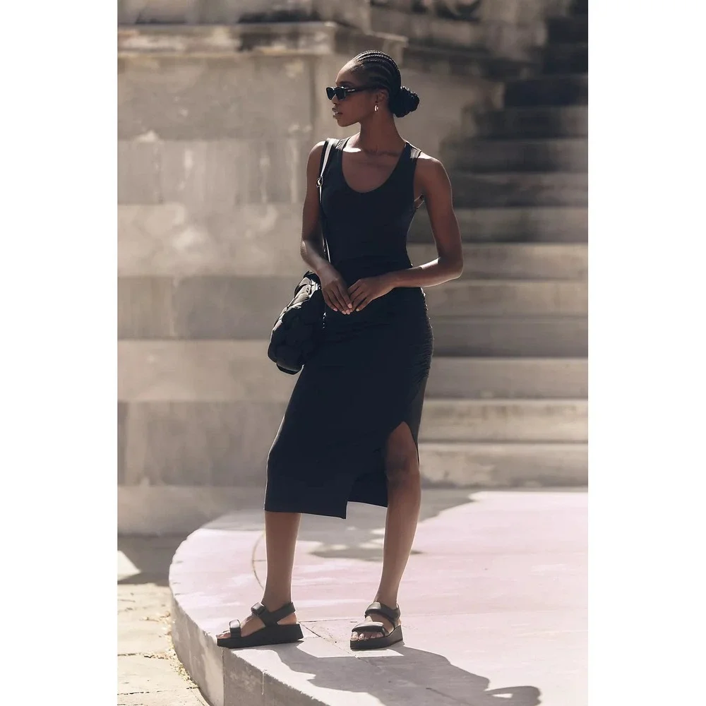 Anthropologie‎ Beyond Yoga Women Fit the Mood Midi Dress XS Black Ruched Tank